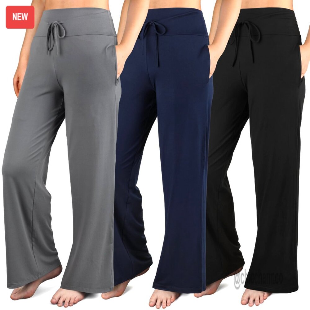 High-Waist Wide Leg Lounge Pants With Pockets - 3 Pack Comfy Yoga Sweatpants
